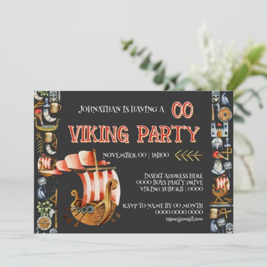 Viking Birthday Invitation Boys 1–7 Navy blue red Kaart (Staand voorkant)