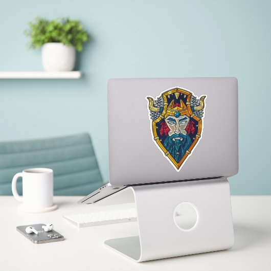 Viking blauwe baard metallic look sticker (Laptop op bureau)
