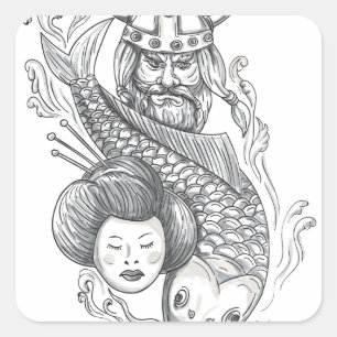 Viking Carp Geisha Hoofd Tattoo Vierkante Sticker