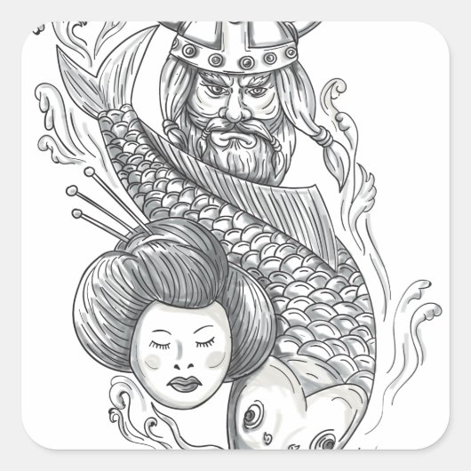 Viking Carp Geisha Hoofd Tattoo Vierkante Sticker (Voorkant)