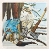 Viking Cat and Blue Dragon Glazen Onderzetter (Voorkant)