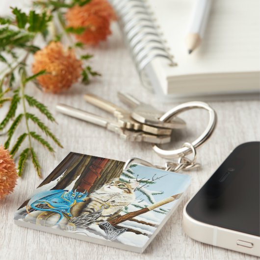 Viking Cat Blue Dragon QR-code Sleutelhanger (Voorkant Rechts)