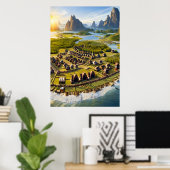 Viking dorp, water en oceaan | AI Art Poster (Thuiskantoor)