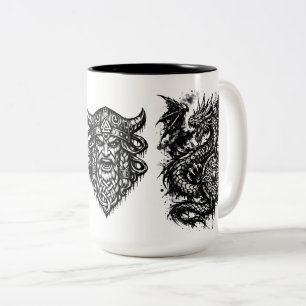 Viking, Draak & Schildmaagd – Noordse Mythologisch Tweekleurige Koffiemok