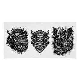 Viking, Dragon & Shield Maiden – Nordic Mythic Ink Perfect Poster