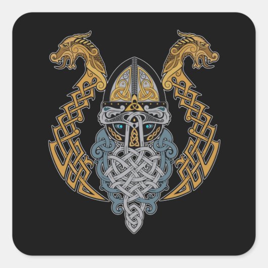 Viking Dragon Valknut Helmet Valhalla God Odin Vierkante Sticker (Voorkant)