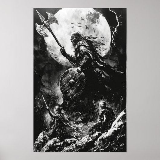 Viking Fury Zwart-wit Acryl Illustratie P Poster (Voorkant)