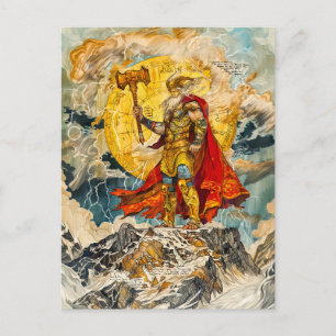Viking God Thor op Berg Aquarel als Oudheid Feestdagenkaart