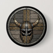 Viking Horned Helmet Shield Ronde Button 7,6 Cm (Voorkant)
