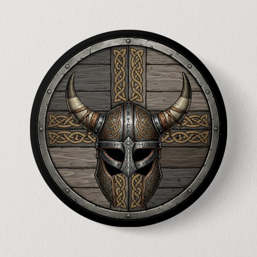 Viking Horned Helmet Shield Ronde Button 7,6 Cm (Voorkant)