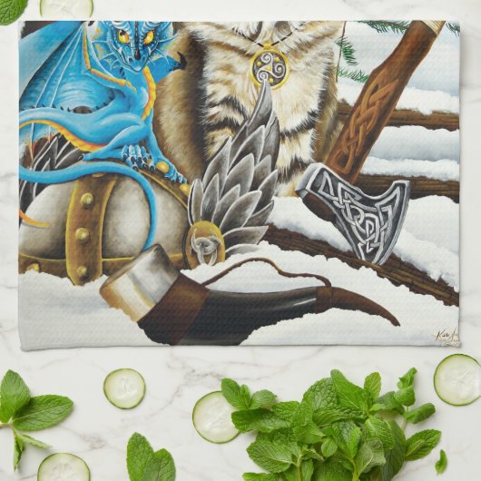 Viking Kat Blauwe Draak Theedoek (Gevouwen)