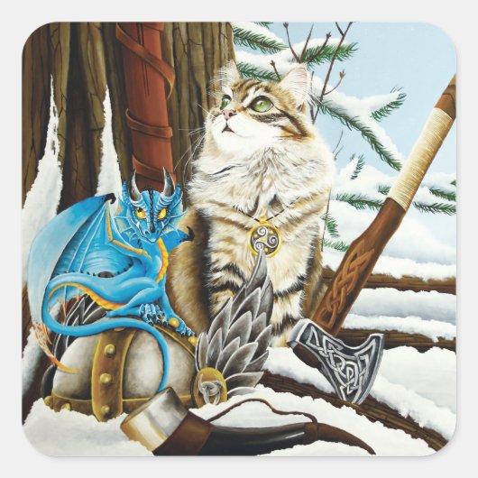 Viking Kat Blauwe Draak Vierkante Sticker (Voorkant)