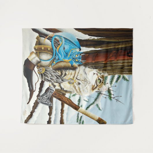 Viking Kat Blauwe Draak Wandkleed (Voorkant (horizontaal))