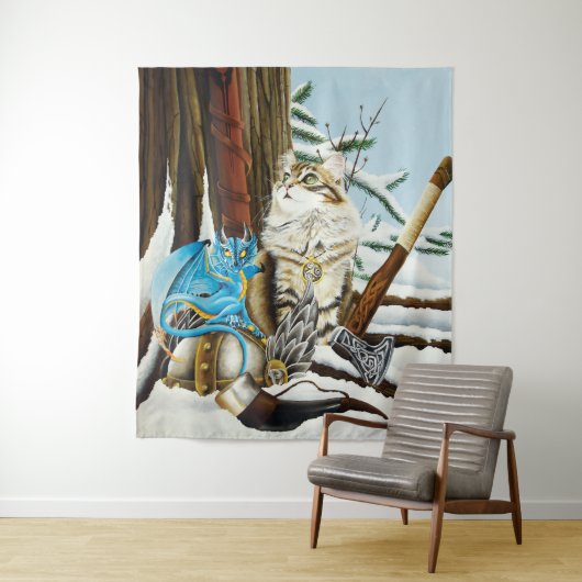 Viking Kat Blauwe Draak Wandkleed (In situ)