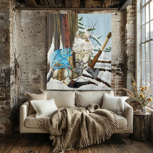 Viking Kat Blauwe Draak Wandkleed