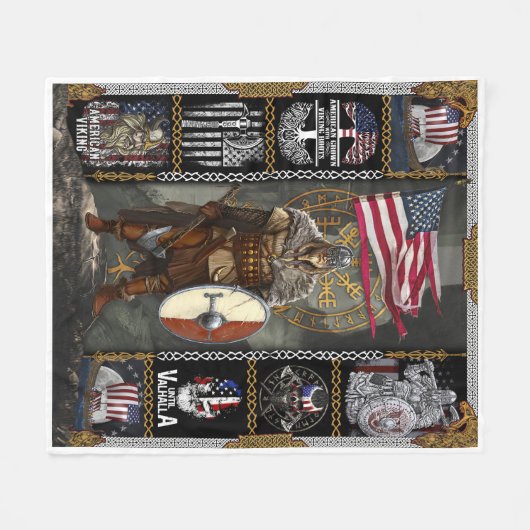 Viking krijger staat voor Amerikaanse vlag Fleece Deken (Voorkant (Horizontaal))