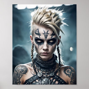 Viking krijgsvrouw met runentatoeage en oorlogstek poster