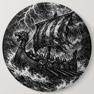 Viking-langskip in de storm — Ink Saga Art Ronde Button 6,0 Cm