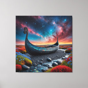 Viking-langskip in een levendig landschap canvas afdruk