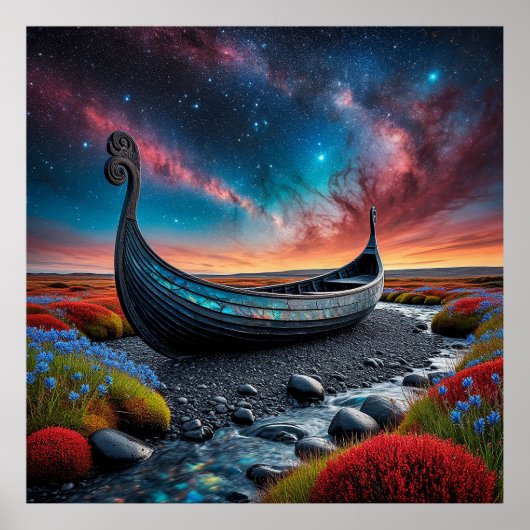 Viking-langskip in een levendig landschap poster (Voorkant)