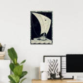 Viking-langskip zeilen 's nachts poster (Thuiskantoor)