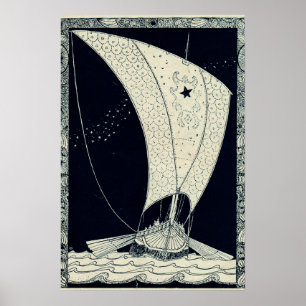 Viking-langskip zeilen 's nachts poster