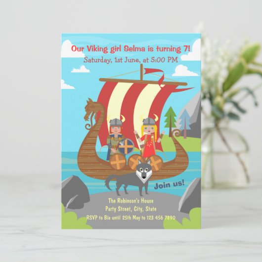 Viking meisje en jongen op Viking schip verjaardag Kaart (Staand voorkant)