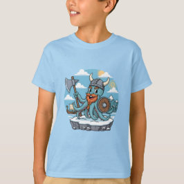 Viking Octopus Cartoon Funny Boys | Girls Skyblue T-shirt