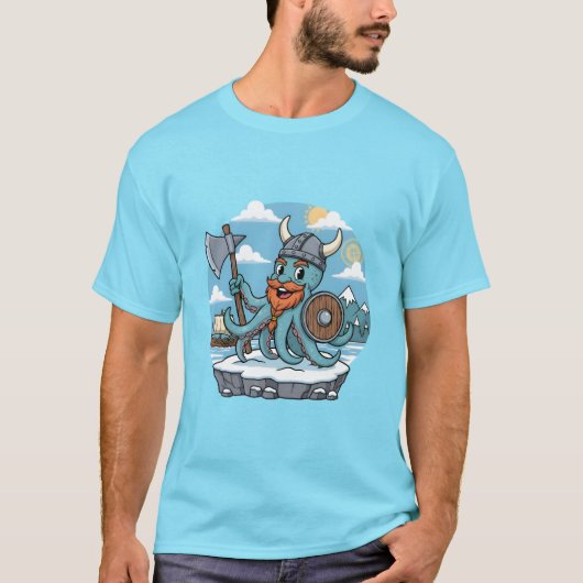 Viking Octopus Cartoon Funny Womens | Mens Skyblue T-shirt (Voorkant)