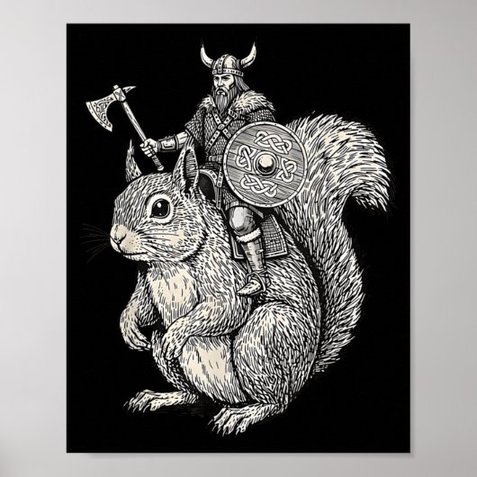 Viking Riding Squirrel Funny Warrior Art  Poster (Voorkant)