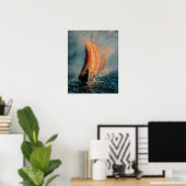 Viking schip dat op Zee/Oceaan vaart in mist, lang Poster (Thuiskantoor)
