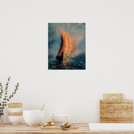 Viking schip dat op Zee/Oceaan vaart in mist, lang Poster (Keuken)