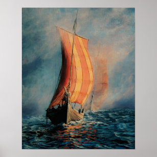 Viking schip dat op Zee/Oceaan vaart in mist, lang Poster