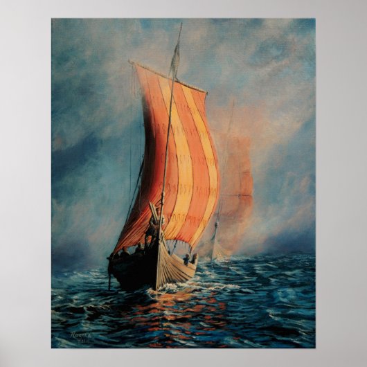 Viking schip dat op Zee/Oceaan vaart in mist, lang Poster (Voorkant)