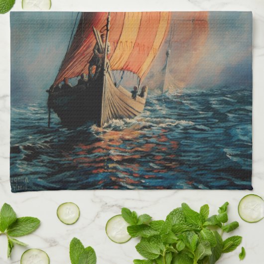 Viking schip dat op Zee/Oceaan vaart in mist, lang Theedoek (Gevouwen)