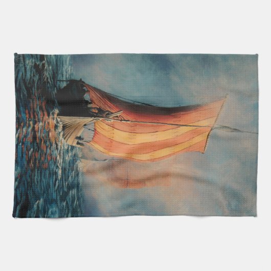 Viking schip dat op Zee/Oceaan vaart in mist, lang Theedoek (Horizontaal)