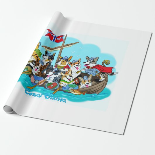 Viking schip gevuld met Corgis Cadeaupapier (Uitgerold)