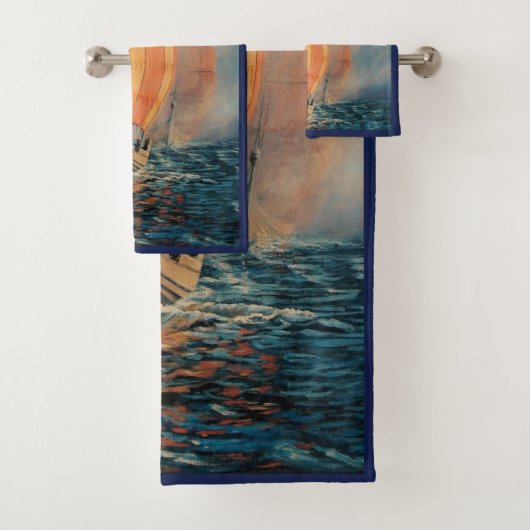 Viking schip/lange boot op de oceaanblauwe trim bad handdoek (Insitu)