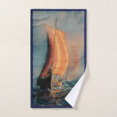 Viking schip/lange boot op de oceaanblauwe trim bad handdoek (Handdoek)
