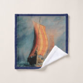 Viking schip/lange boot op de oceaanblauwe trim bad handdoek (Wasdoekje)