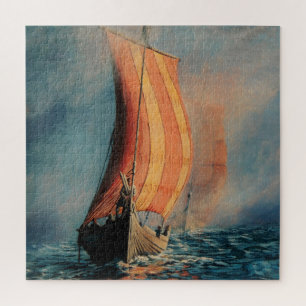 Viking schip/lange boot/op zee/mannen in de boot legpuzzel