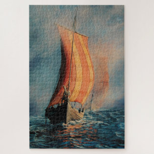 Viking schip/lange boot/op zee/mannen in de boot legpuzzel