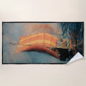 Viking schip/lange boot op zee op zwarte trim strandlaken (Voorkant)