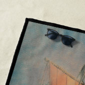 Viking schip/lange boot op zee op zwarte trim strandlaken (In situ)