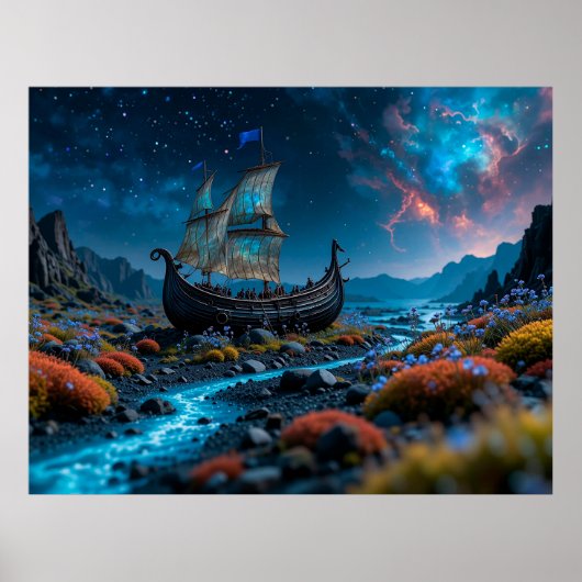 Viking-schip onder een sterrenhemel poster (Voorkant)