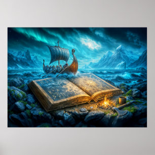 Viking-schip vaart vanuit oud boek poster