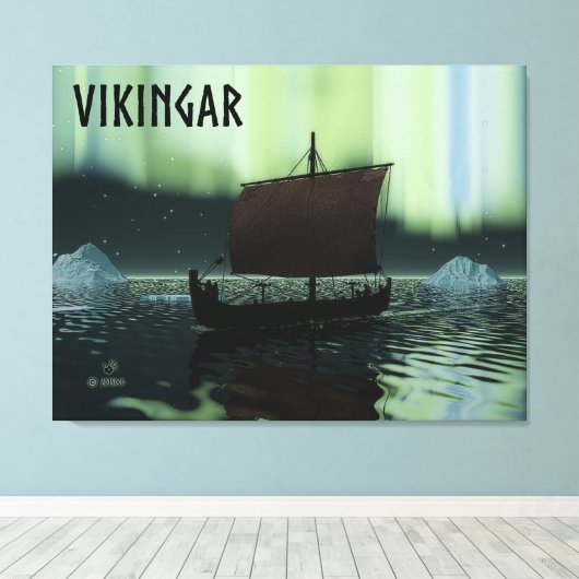Viking Ship and Northern Lights Canvas Afdruk (Insitu (Houten vloer))