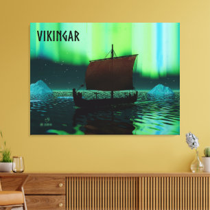 Viking Ship and Northern Lights Canvas Afdruk