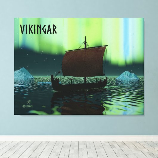 Viking Ship and Northern Lights Canvas Afdruk (Insitu (Houten vloer))