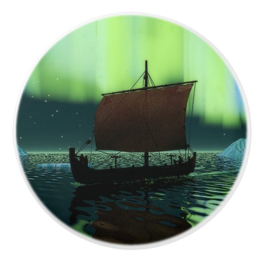 Viking Ship and Northern Lights Keramische Knop (Voorkant)